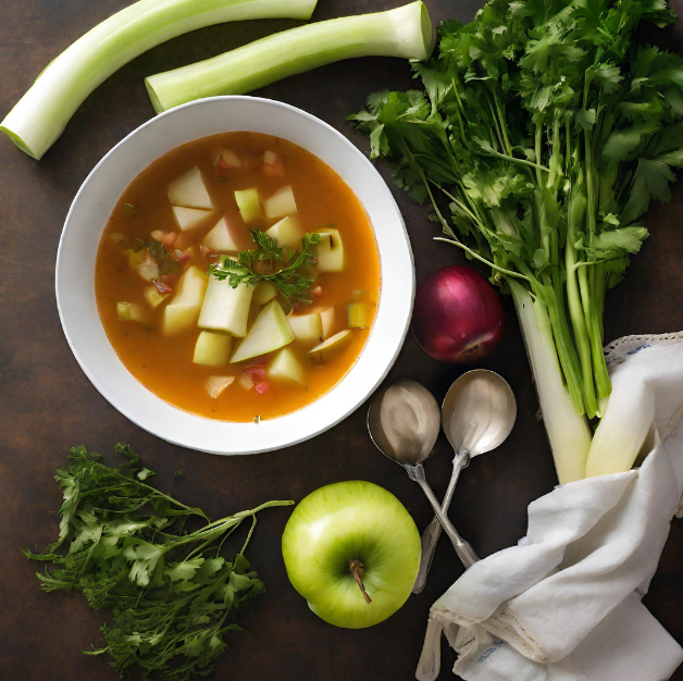 Autumn Soup with celery, carrots, apples, onions and garnish